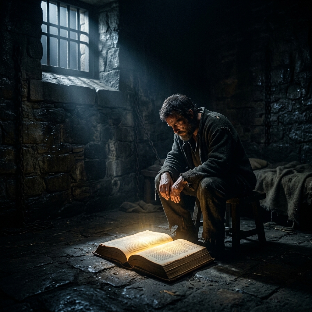 A lone figure in a dark prison cell at 2am, an open Bible on the floor glowing with supernatural light
