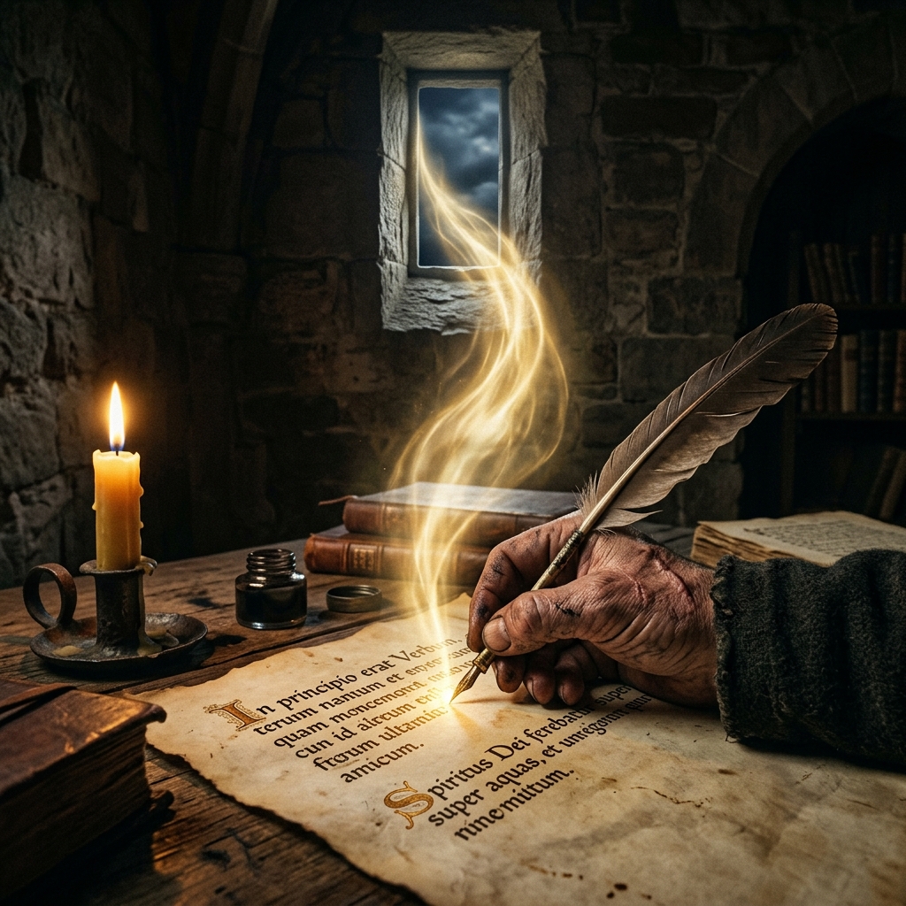 A scarred human hand writing by candlelight as divine breath flows from above into the page