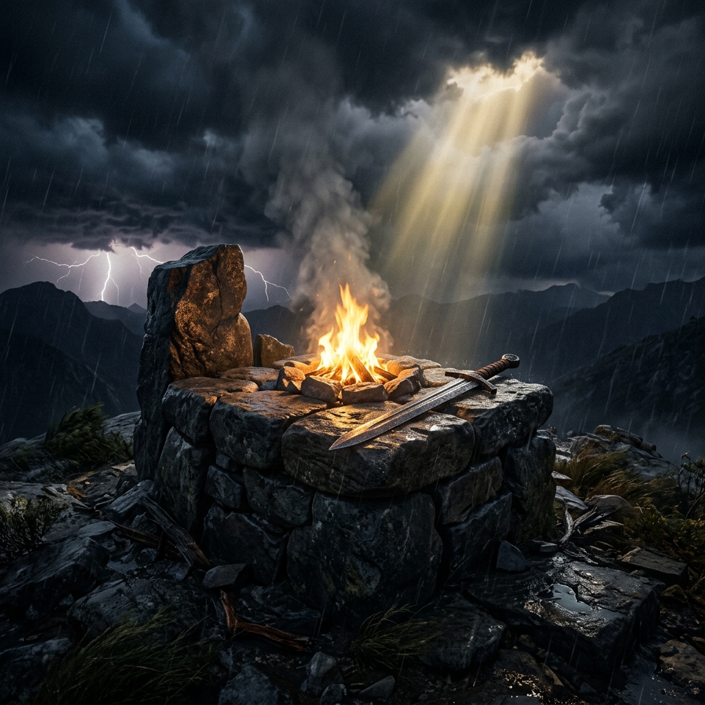 Ancient Altar with Fire and Sword