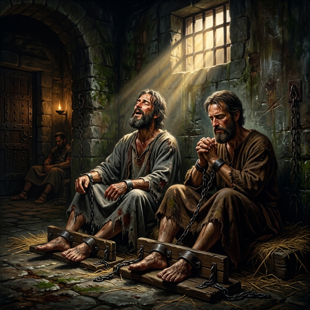 Apostles Paul and Silas in the Roman inner prison cell praising God at midnight