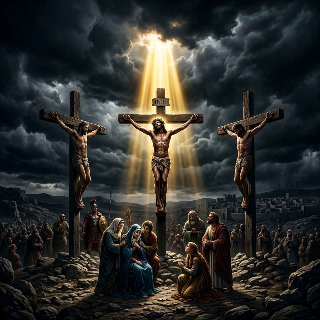 The Three Crosses on Calvary under Stormy Sky