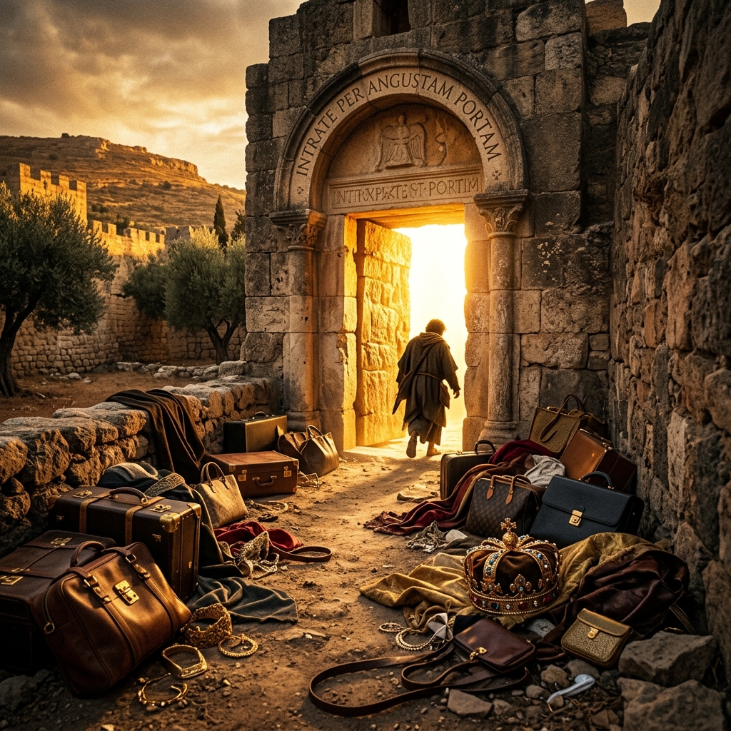 Narrow stone gate shining golden light