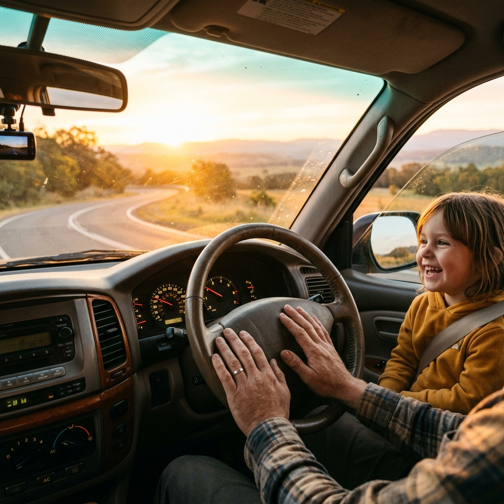 Hands off the steering wheel looking at sunny path