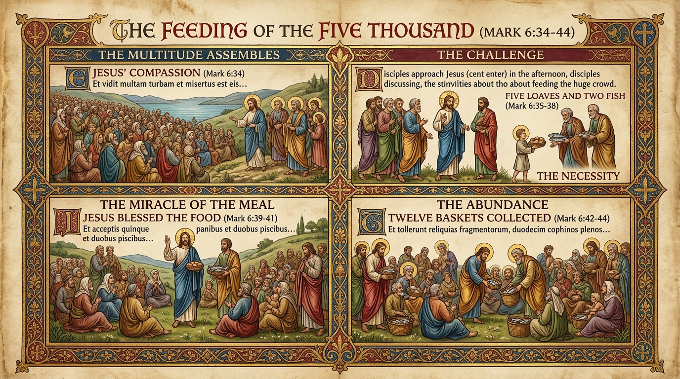 Feeding the Five Thousand — Mark 6:34-44 Visual Verse Infographic