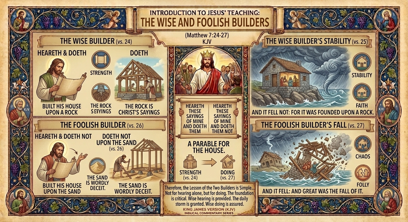 The Wise and Foolish Builders — Matthew 7:24-27 Visual Verse Infographic